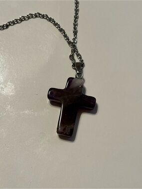 Purple Stone Cross Pendant Necklace Set